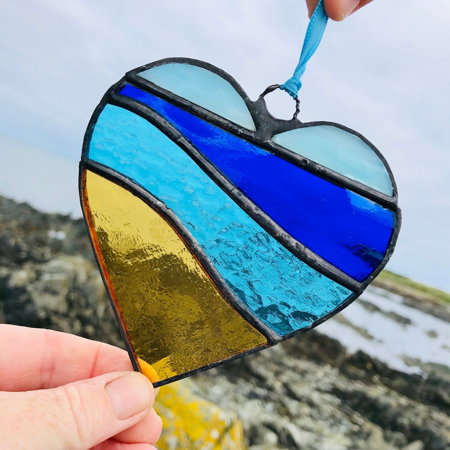 Beachscape /Seascape Stained Glass Heart Suncatcher Beach Lover