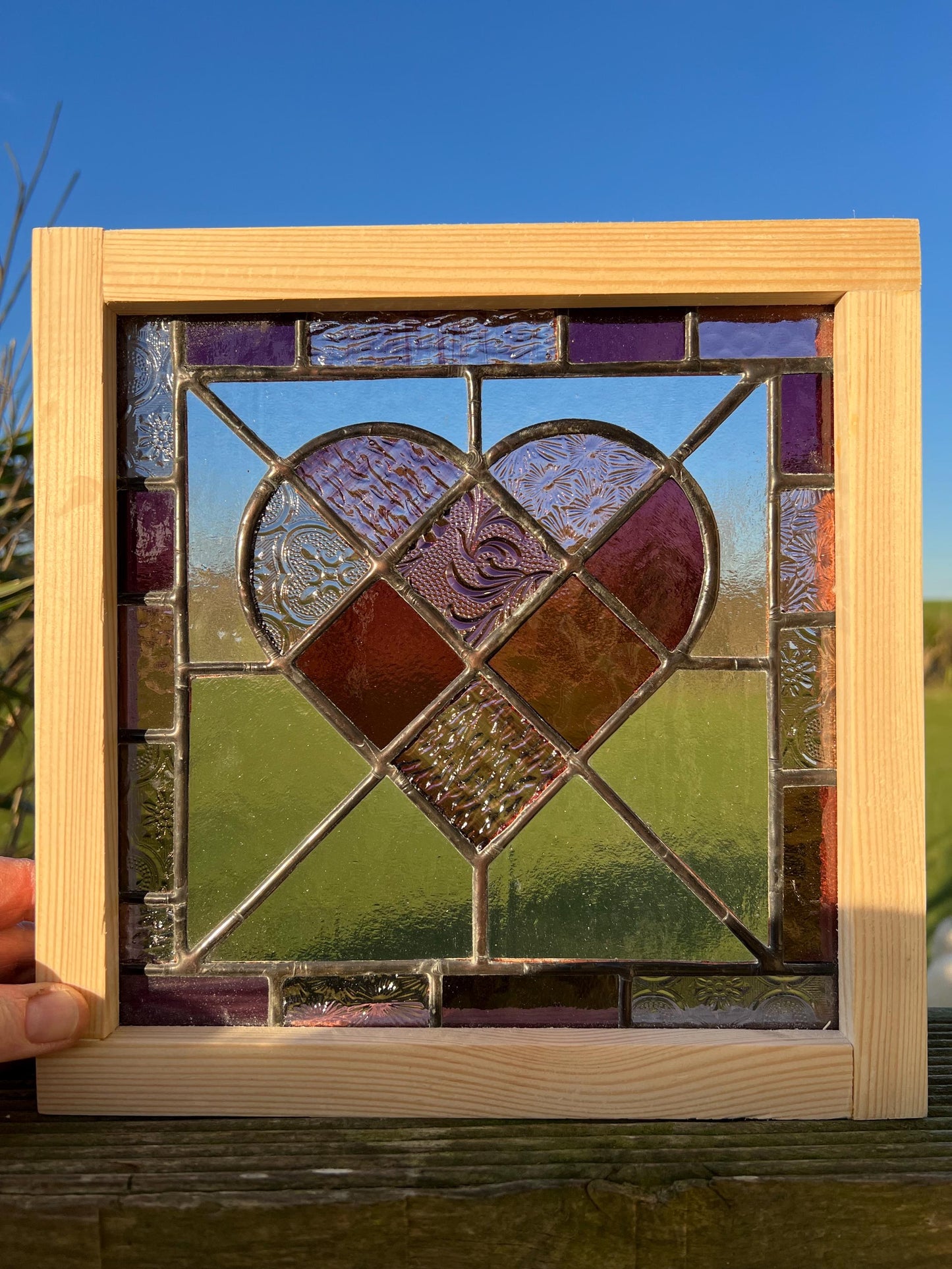 Framed Handcrafted Stained Glass Patchwork  Purple/Plum Heart with Stripey border perfect way to say ‘I love you’ Valentines/Galentines