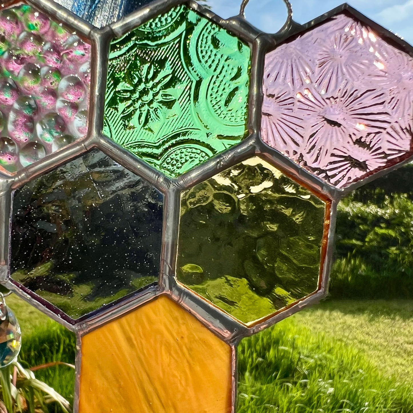 Stained Glass Honeycomb Suncatcher: Pastel Iridescent Glass Droplets