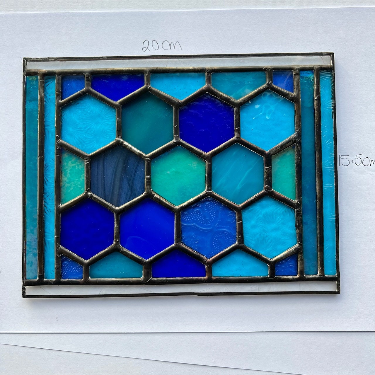 Stained Glass Honeycomb Panel in deep  blues and turquoise including lots of textures.