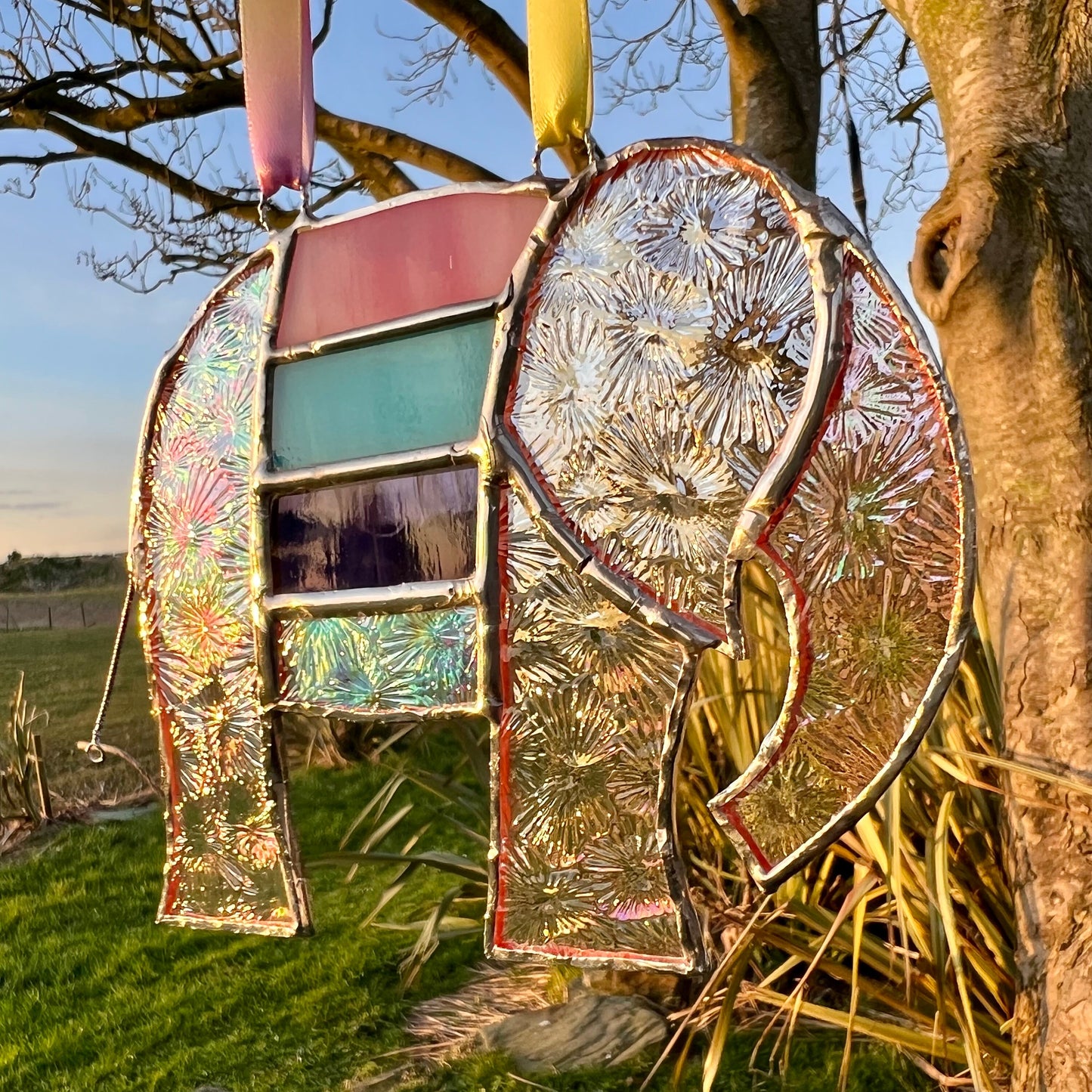 Pretty Elephant Stained Glass Suncatcher in shades of purple with iridescent ..