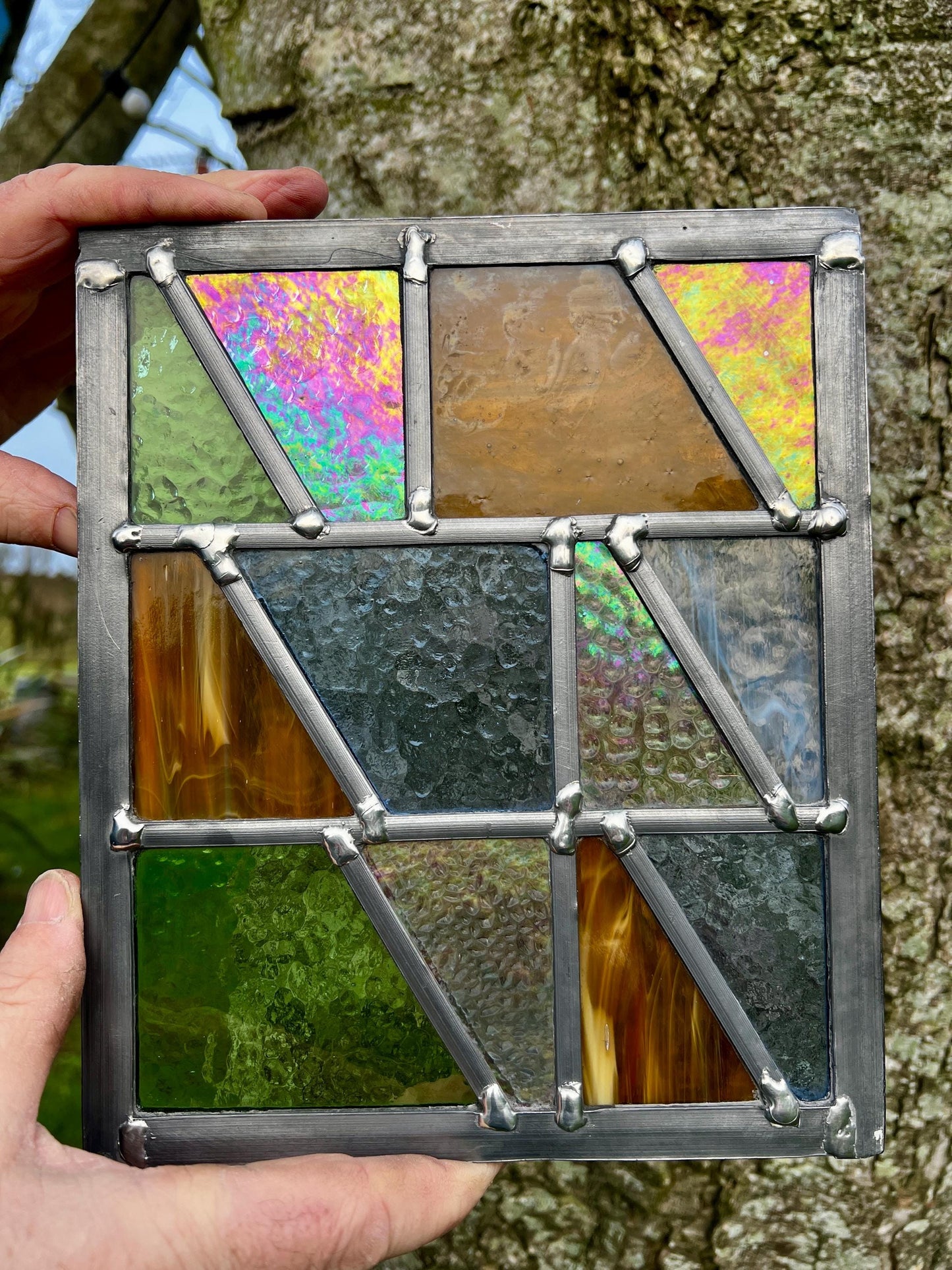 Handcrafted Leaded Stained Glass Panel, Weatherproof Garden Art