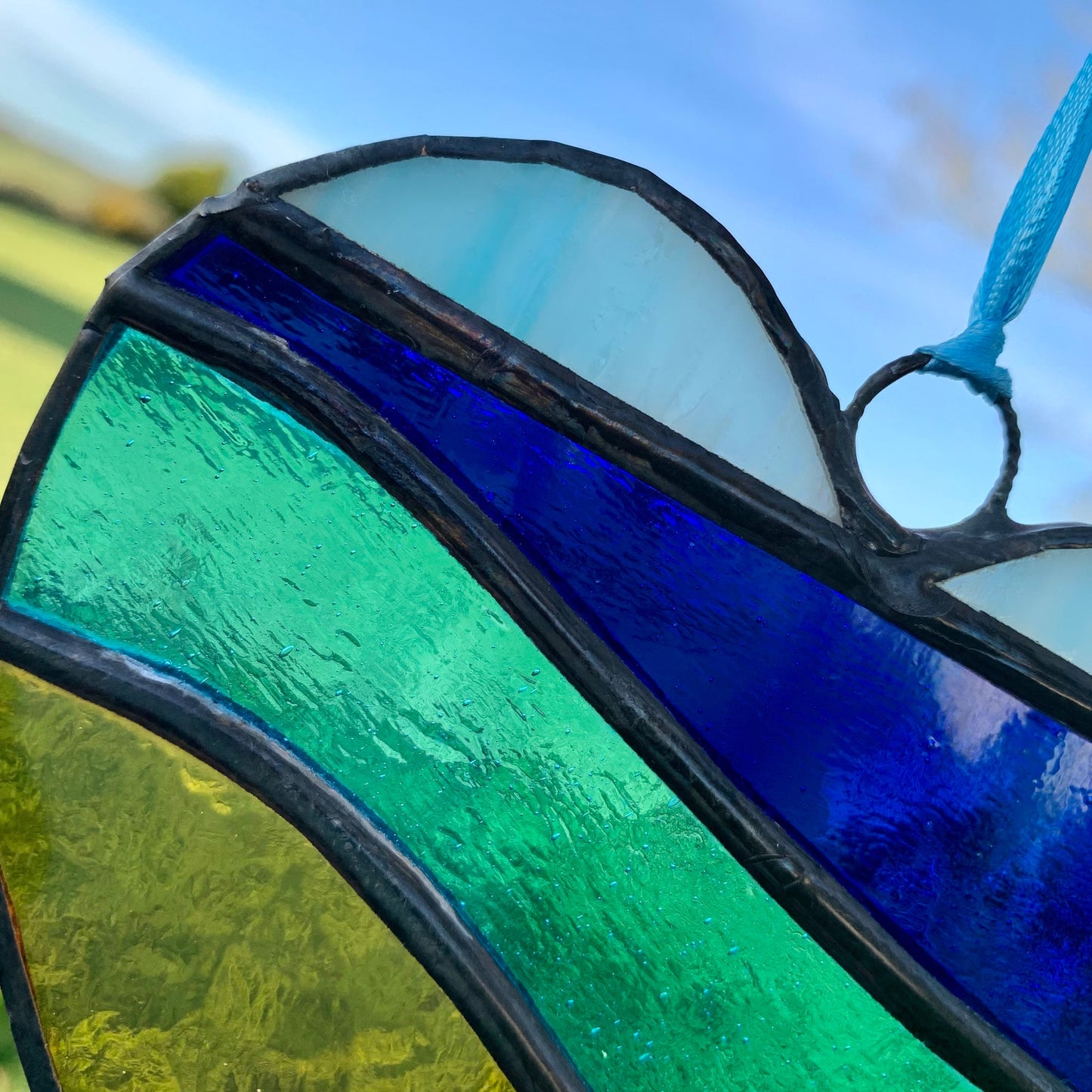 Stained Glass Heart Suncatcher: Sea Blue Colors, Star Prism