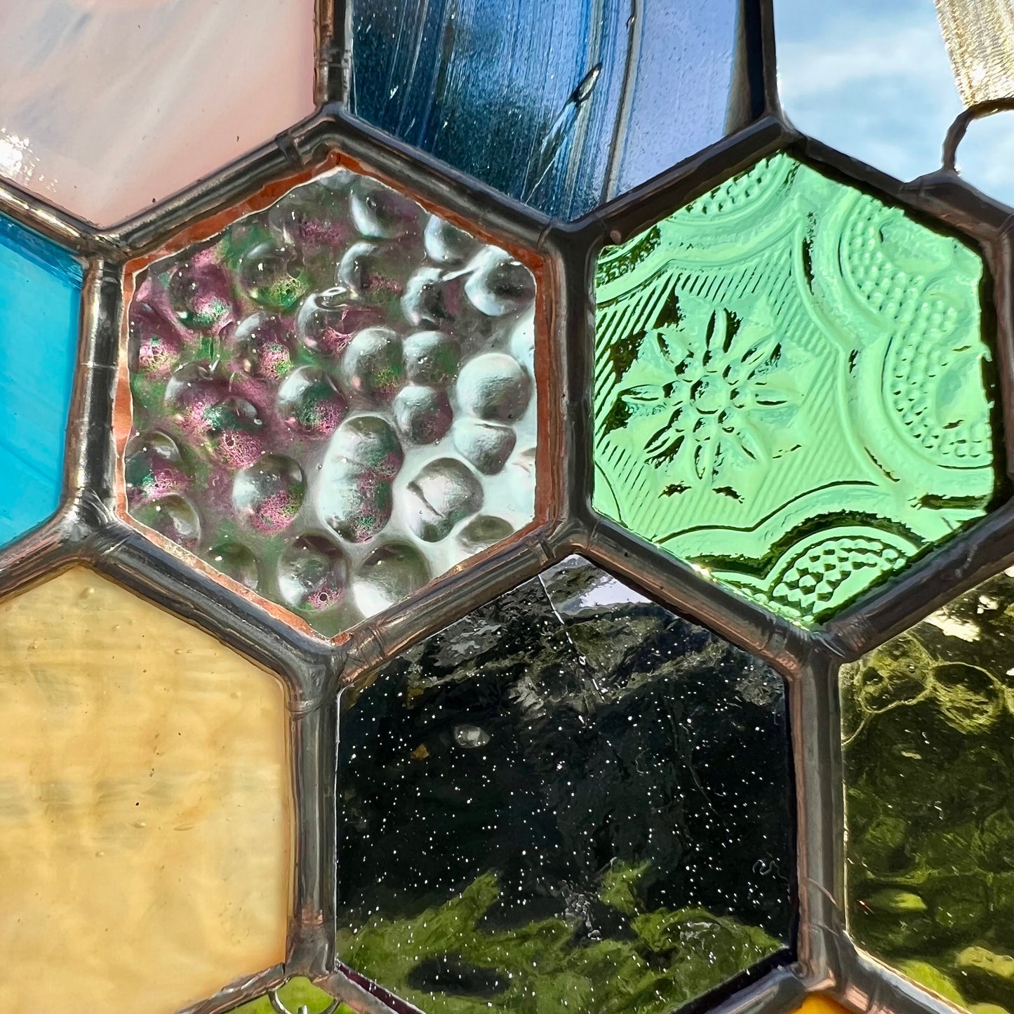 Stained Glass Honeycomb Suncatcher: Pastel Iridescent Glass Droplets