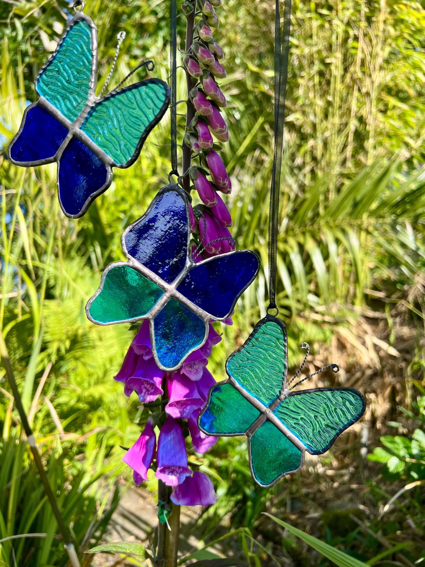 Stained Glass Butterfly Set: Turquoise & Cobalt Blue, Handcrafted