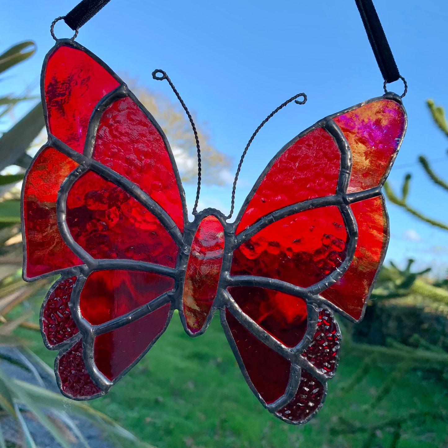 Red Stained Glass Butterfly Suncatcher, Iridescent Window Decor