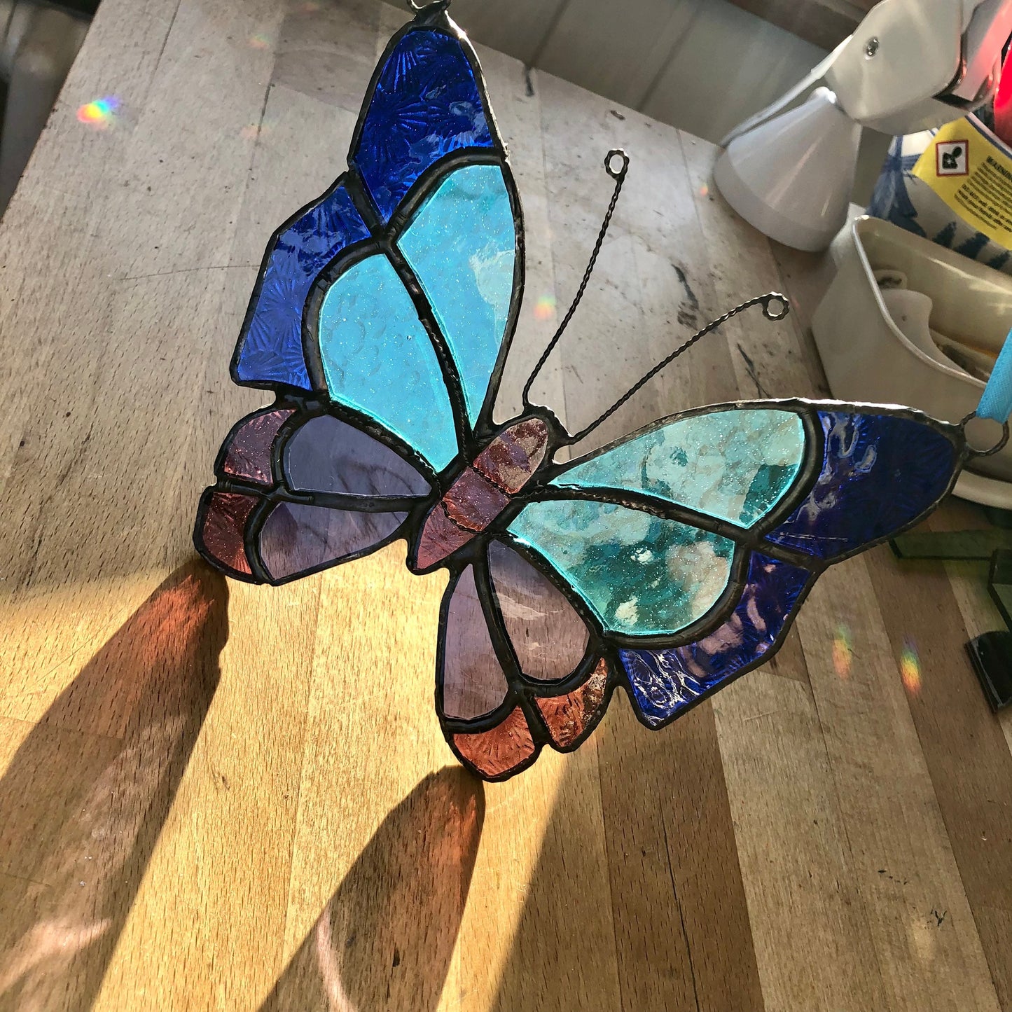 Stained Glass Butterfly Suncatcher, Purple & Turquoise Window Art