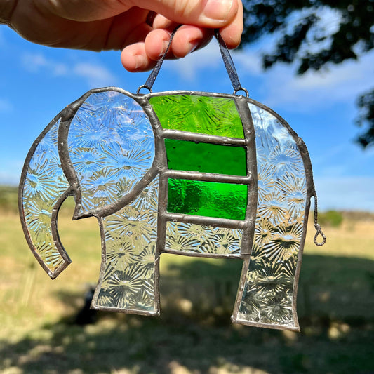 Pretty Elephant Stained Glass Suncatcher in shades of Emerald Green with iridescent body ….