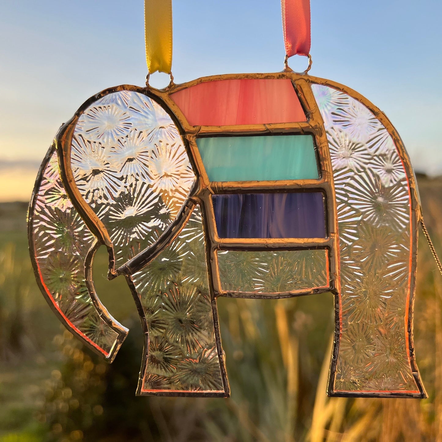 Pretty Elephant Stained Glass Suncatcher in shades of purple with iridescent ..