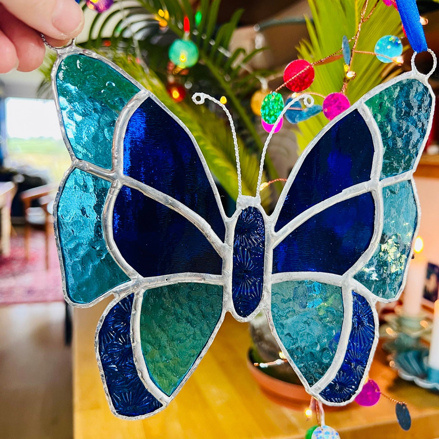 Blue Stained Glass Butterfly Suncatcher, Turquoise Cobalt Window Hanging