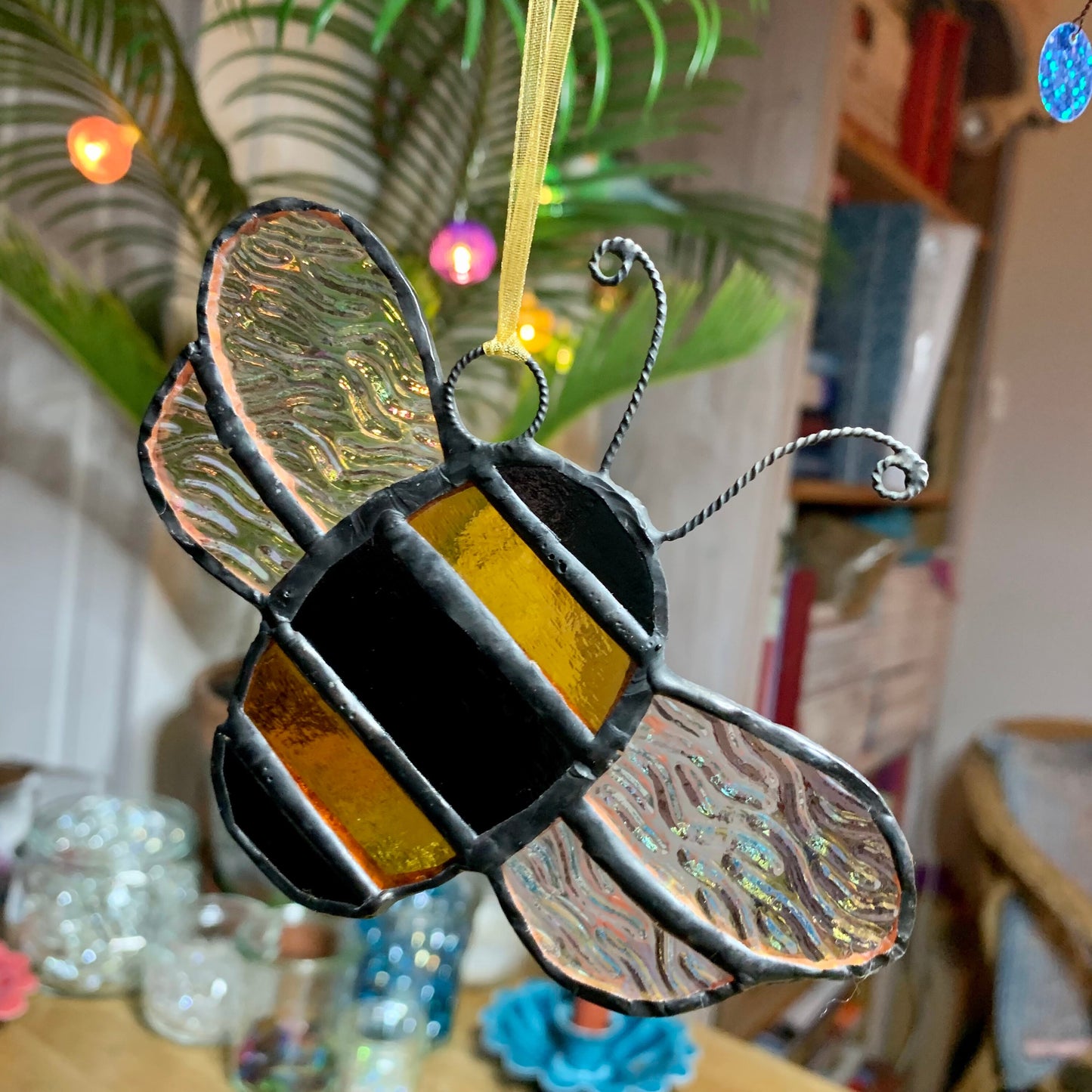 Stained Glass Bee Suncatcher, Iridescent Wings, Nature Lover Gift