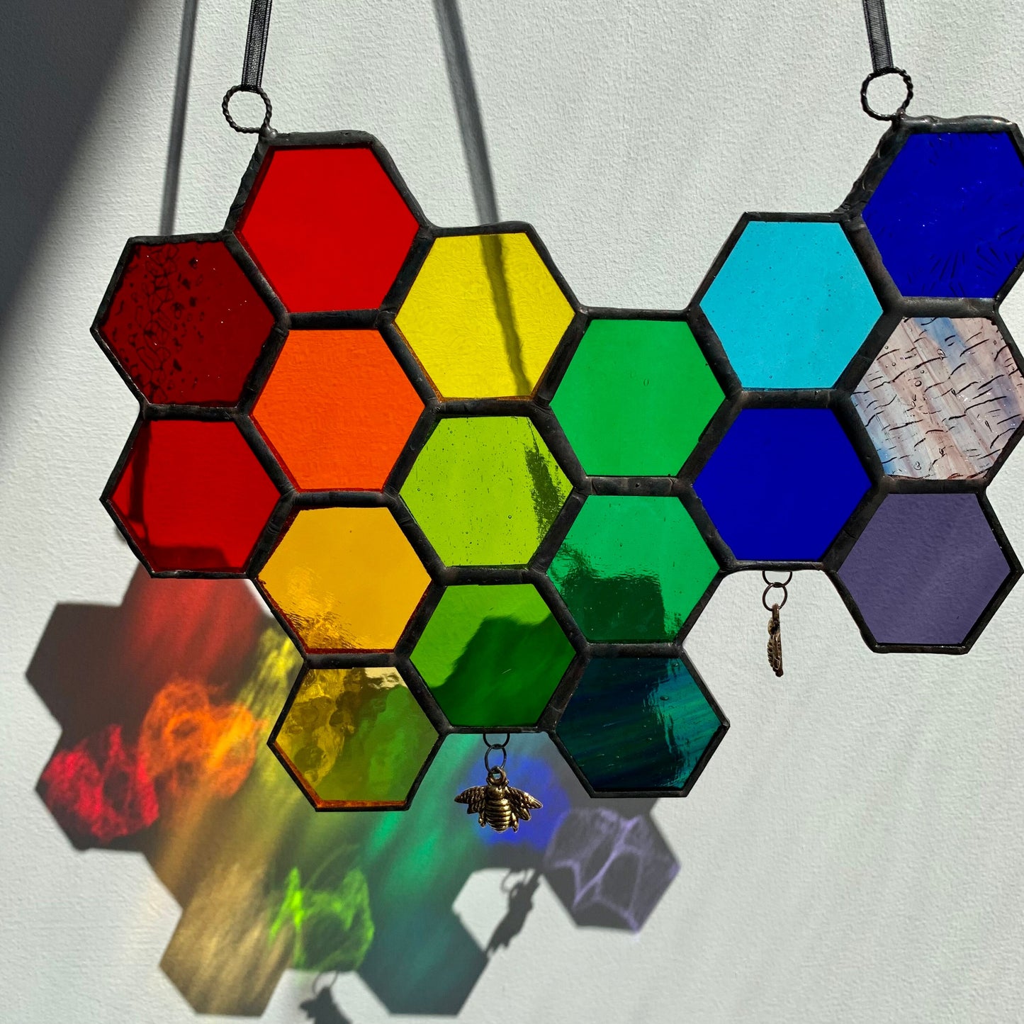 Rainbow Stained Glass Honeycomb Suncatcher with Bees