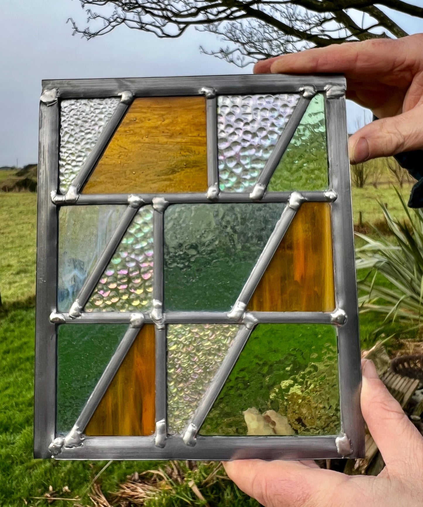 Handcrafted Leaded Stained Glass Panel, Weatherproof Garden Art