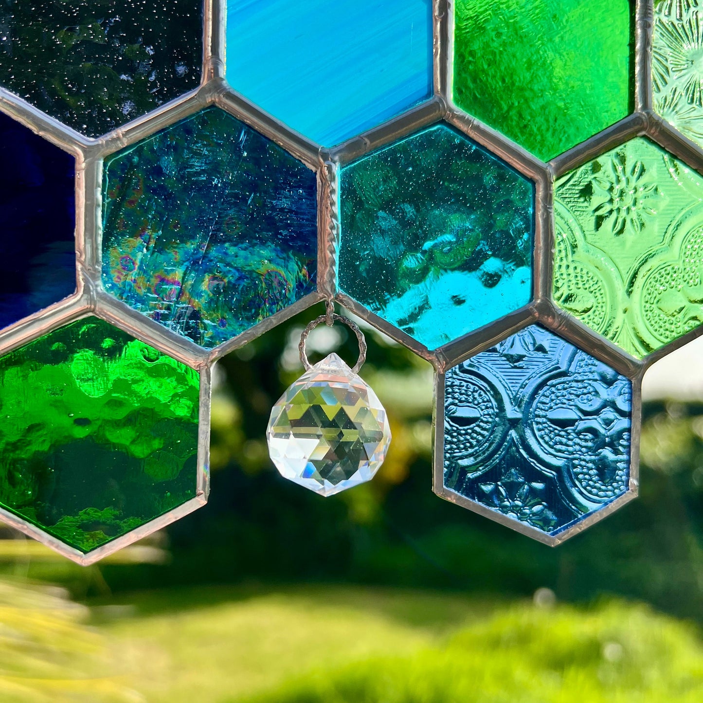 Stained Glass Honeycomb Suncatcher, Iridescent Glass Prism, Gift for Gardener