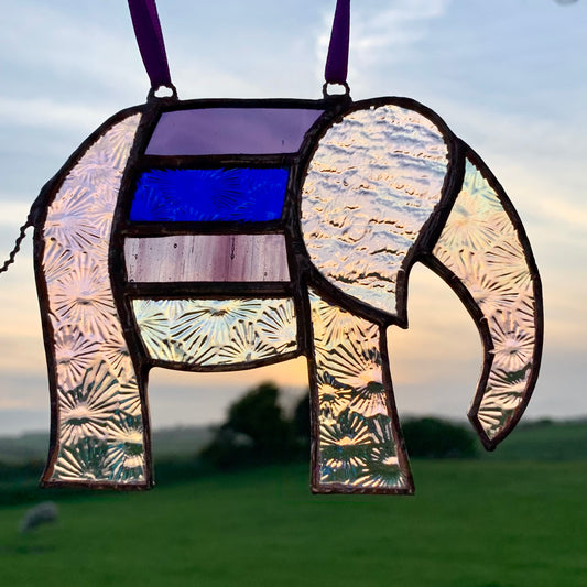 Pretty Elephant Stained Glass Suncatcher in shades of purple with iridescent ..