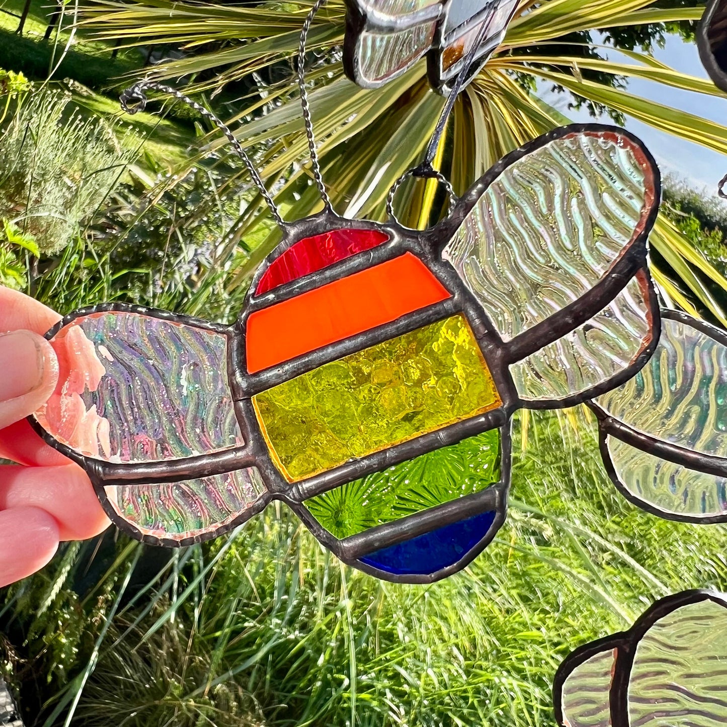 Rainbow Stained Glass Bee Suncatcher: Iridescent Window Decor