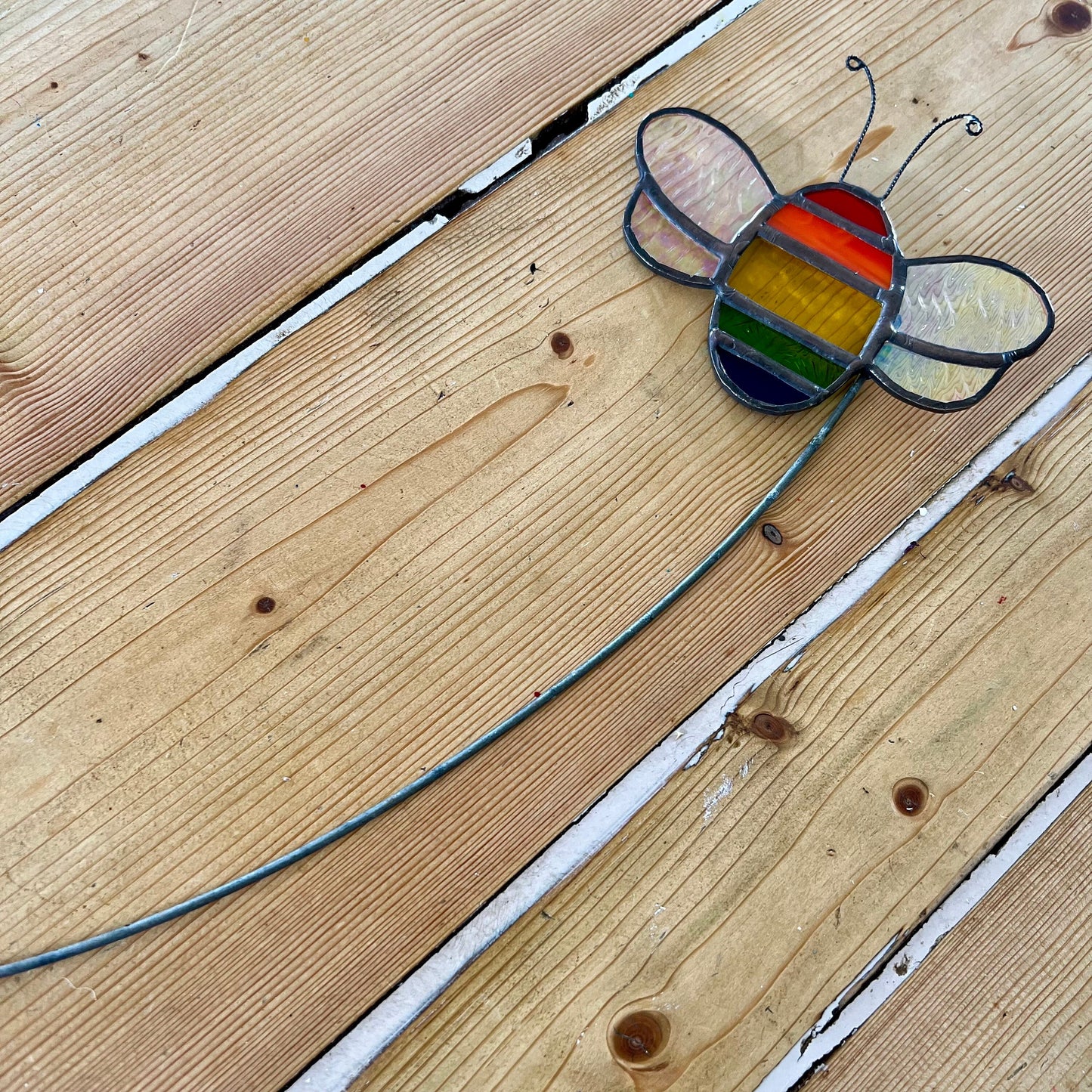 Rainbow Stained Glass Bee Plant Stake, Iridescent Garden Decor