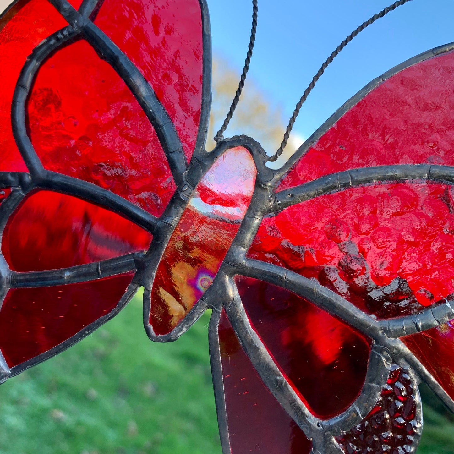 Red Stained Glass Butterfly Suncatcher, Iridescent Window Decor