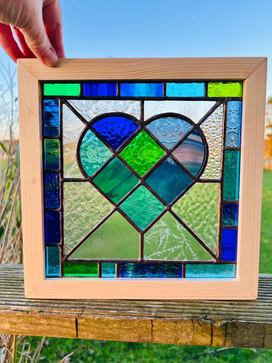 Framed Stained Glass Heart: Blue & Green Patchwork, Handcrafted Pine Frame