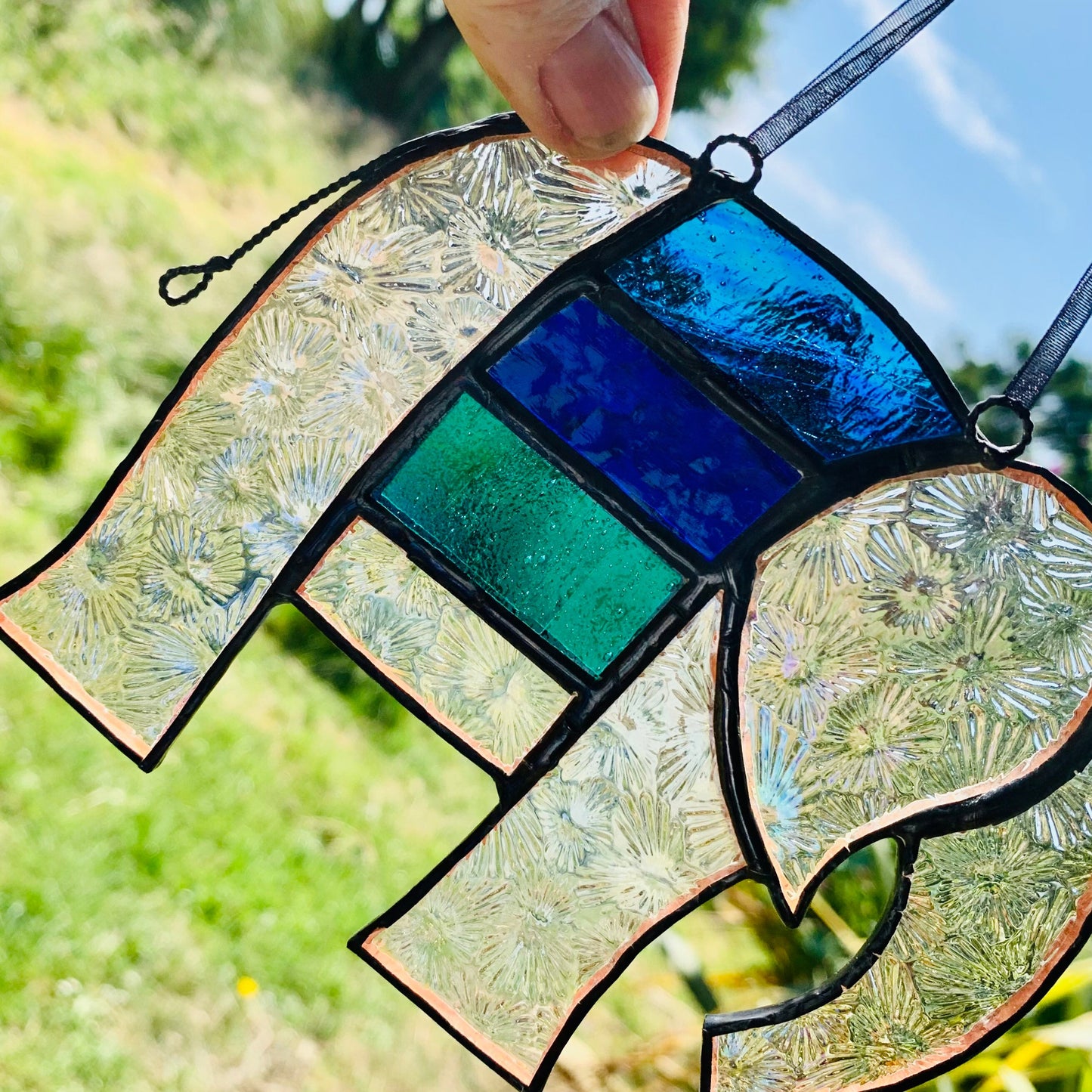Pretty Elephant Stained Glass Suncatcher in shades of blue & turquoise with iridescent ..