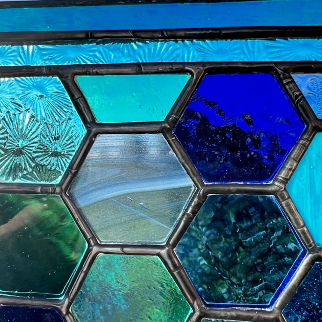 Stained Glass Honeycomb Panel in deep  blues and turquoise including lots of textures.
