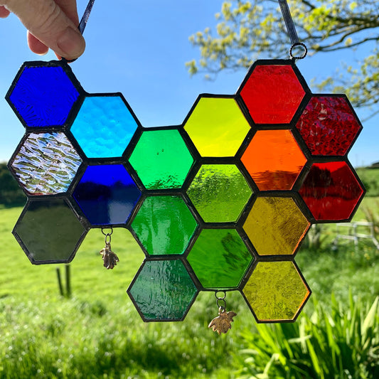 Rainbow Stained Glass Honeycomb Suncatcher with Bees