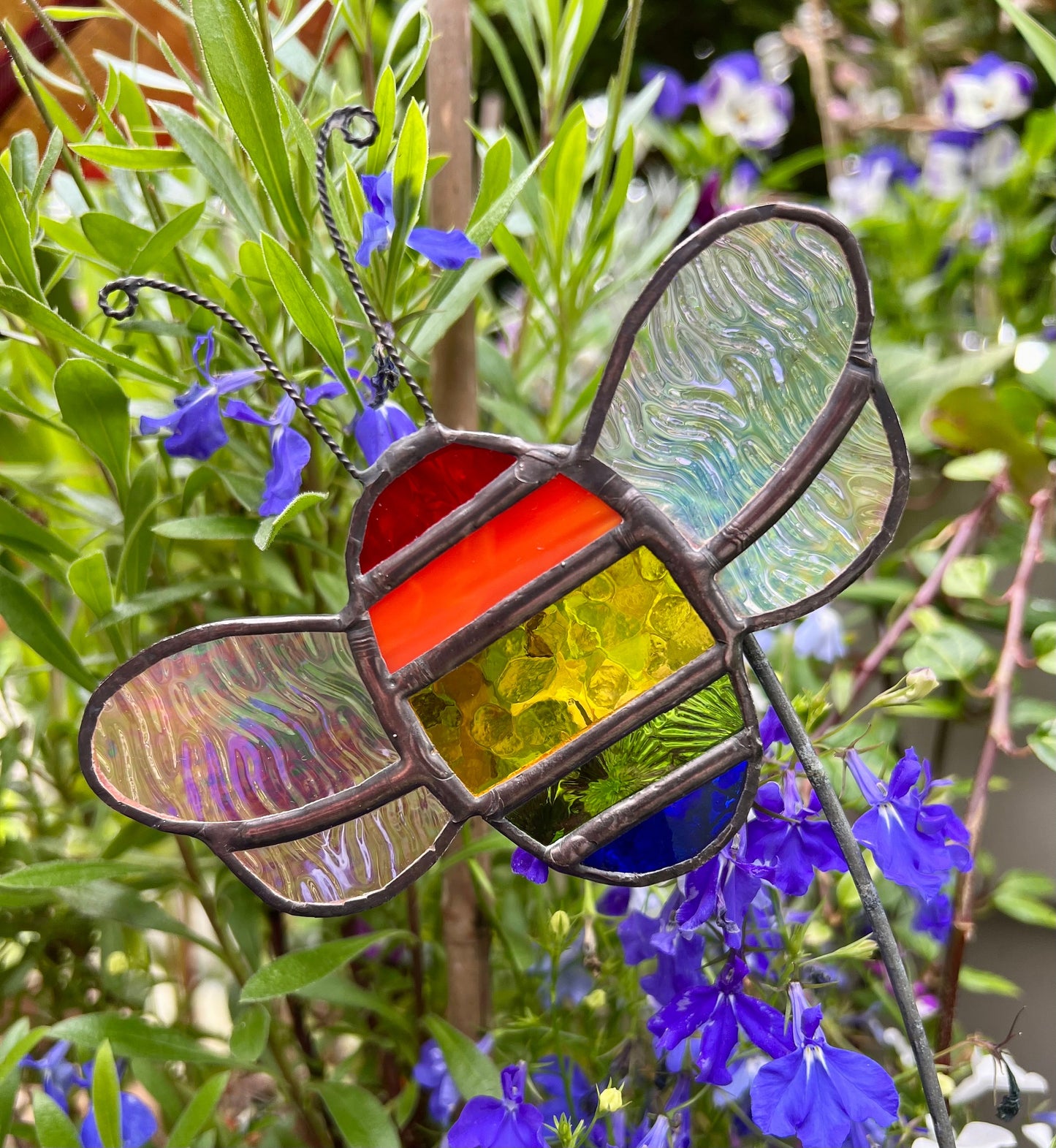 Rainbow Stained Glass Bee Plant Stake, Iridescent Garden Decor