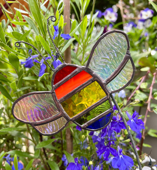 Rainbow Stained Glass Bee Plant Stake, Iridescent Garden Decor