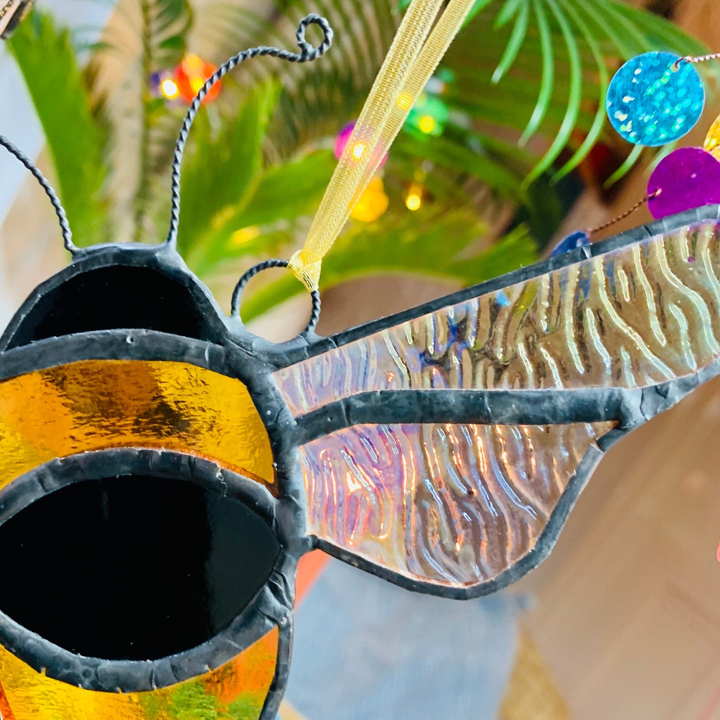 Stained Glass Bee Suncatcher, Iridescent Amber & Black