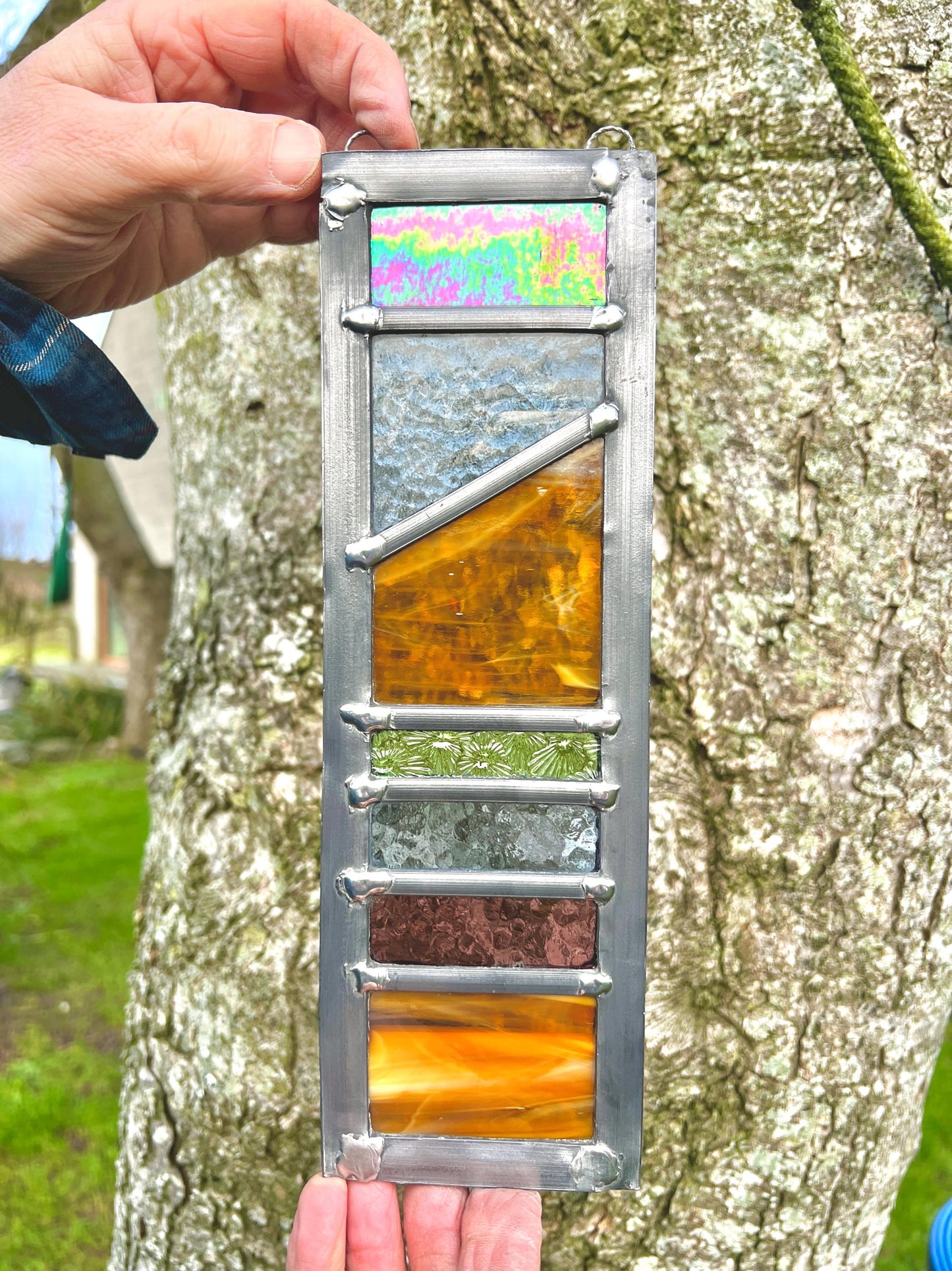 Handcrafted Leaded Stained Glass Garden Panel, Honey Blue Plum Green