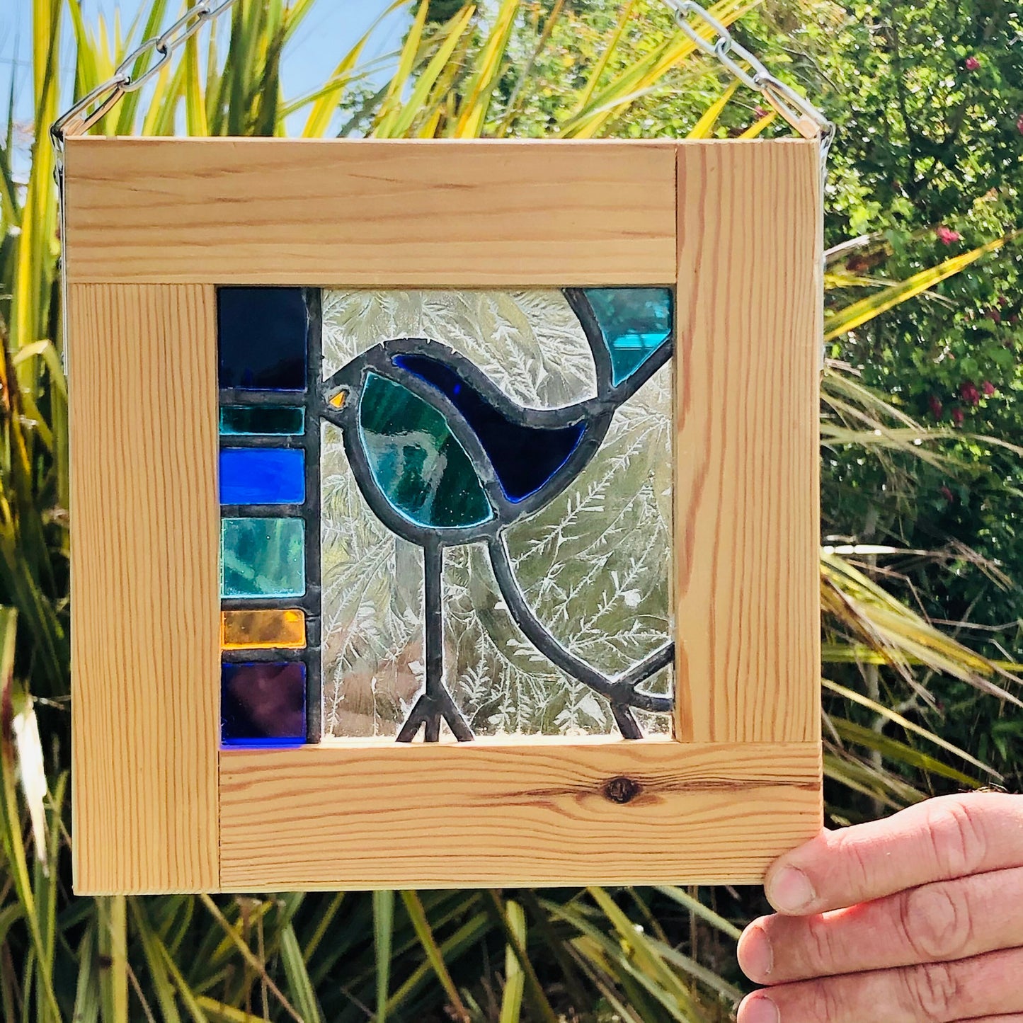 Handmade Stained Glass Blue Bird Window Panel – Framed Art