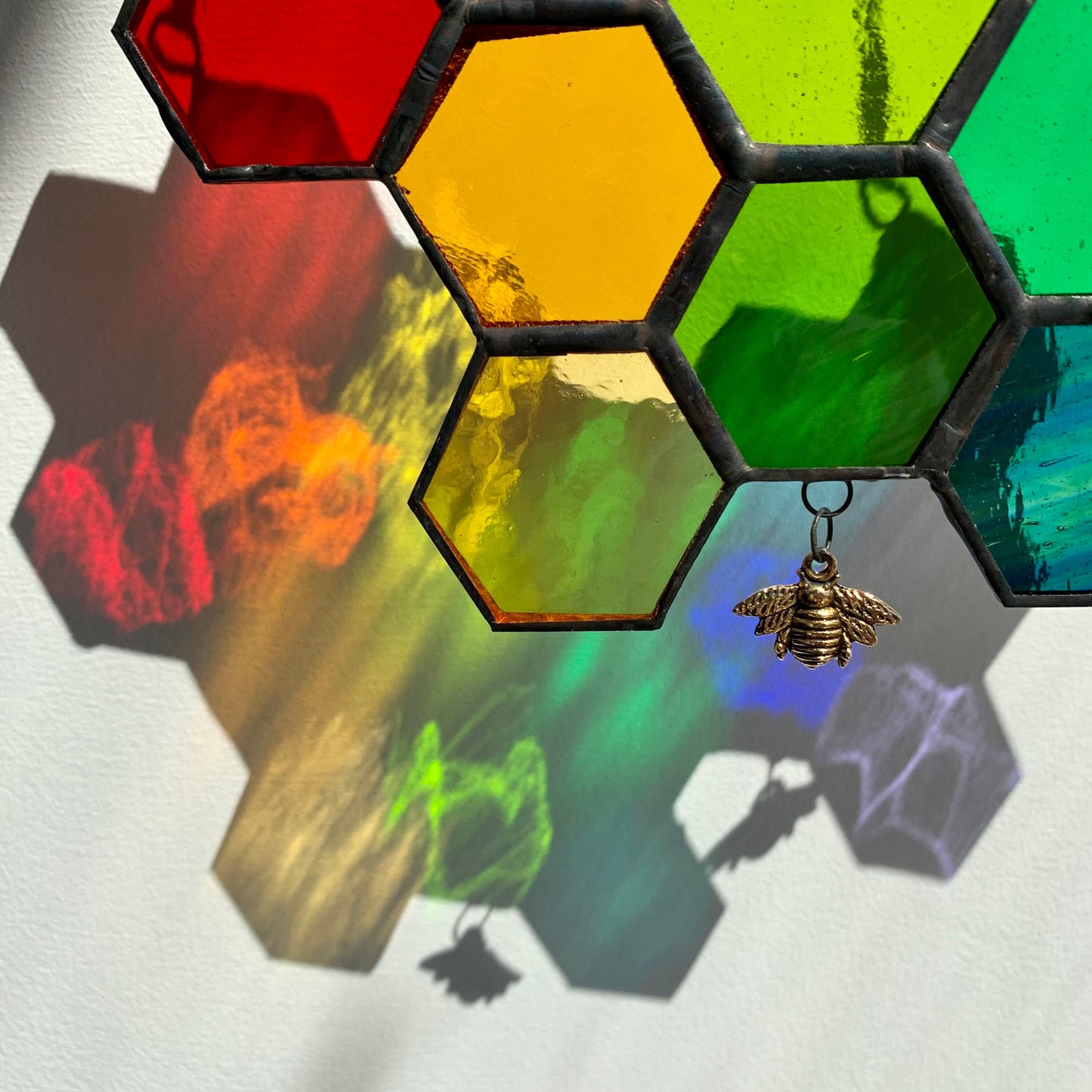 Rainbow Stained Glass Honeycomb Suncatcher with Bees