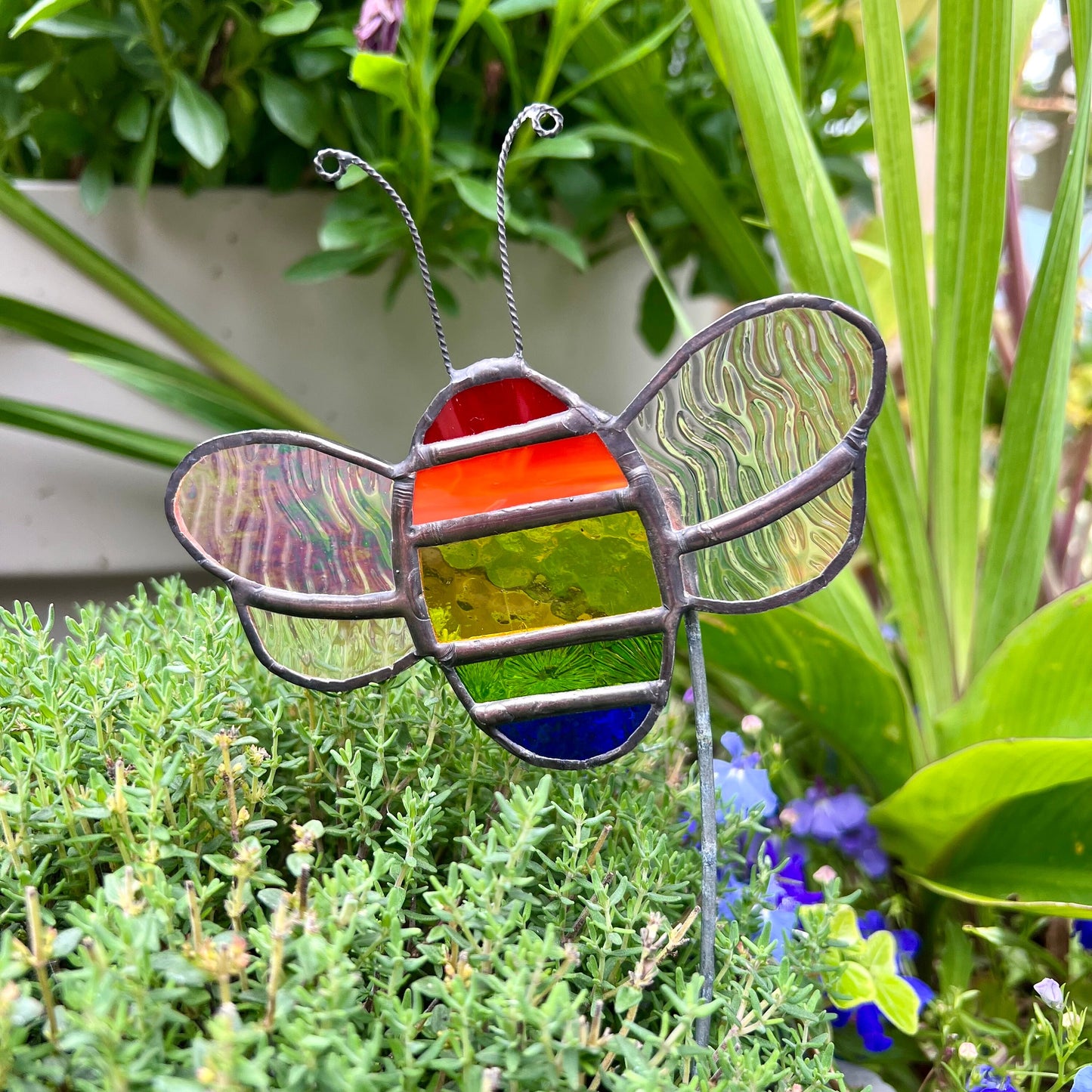 Rainbow Stained Glass Bee Plant Stake, Iridescent Garden Decor