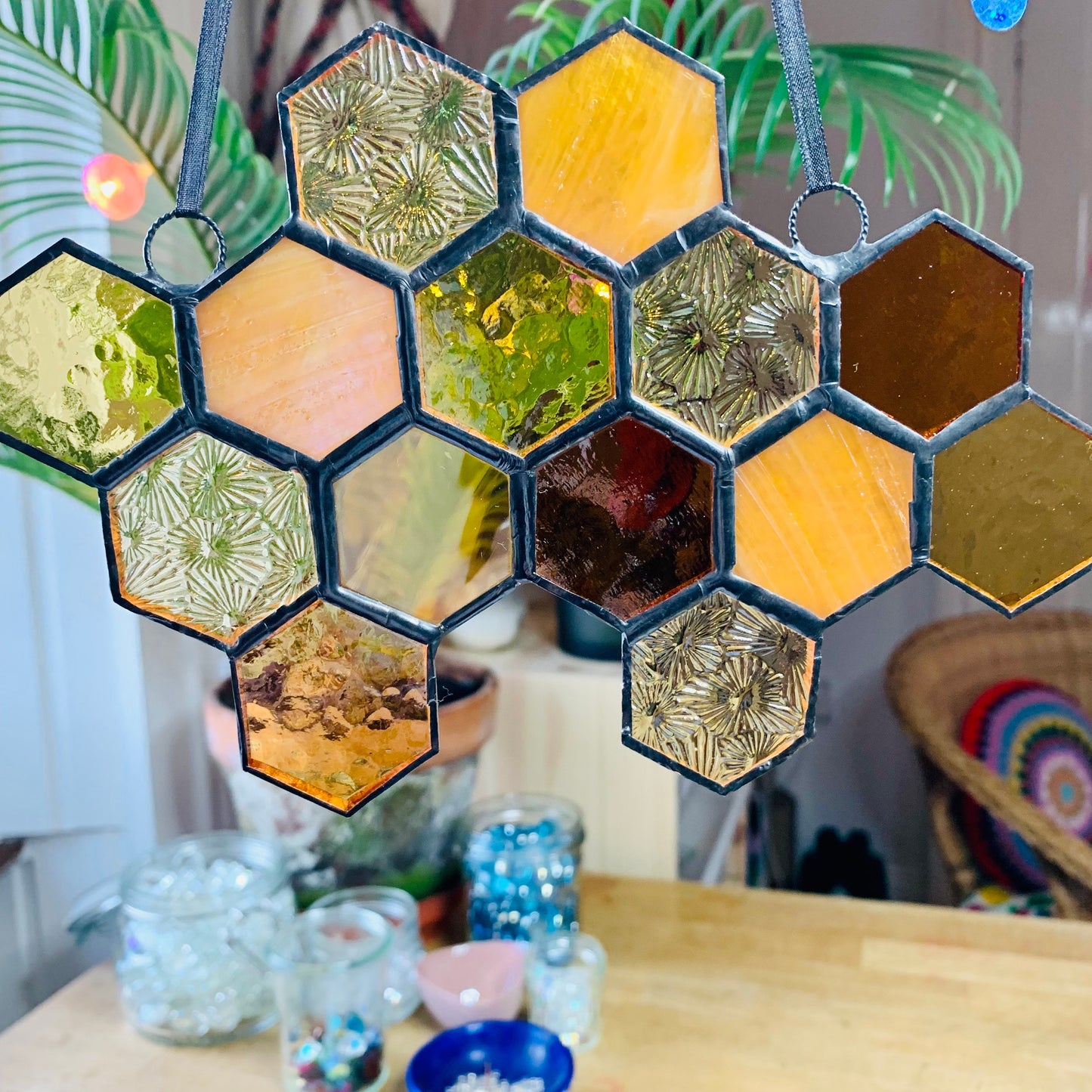 Stained Glass Honeycomb Suncatcher Gift for Gardener Golden Anniversary
