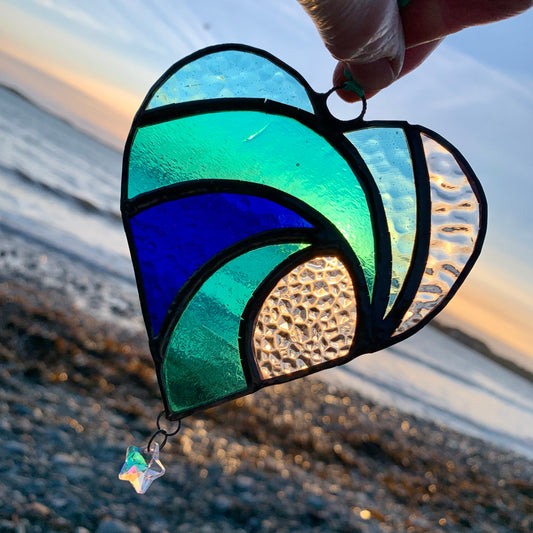 Stained Glass Heart Suncatcher: Sea Blue Wave with Iridescent Star
