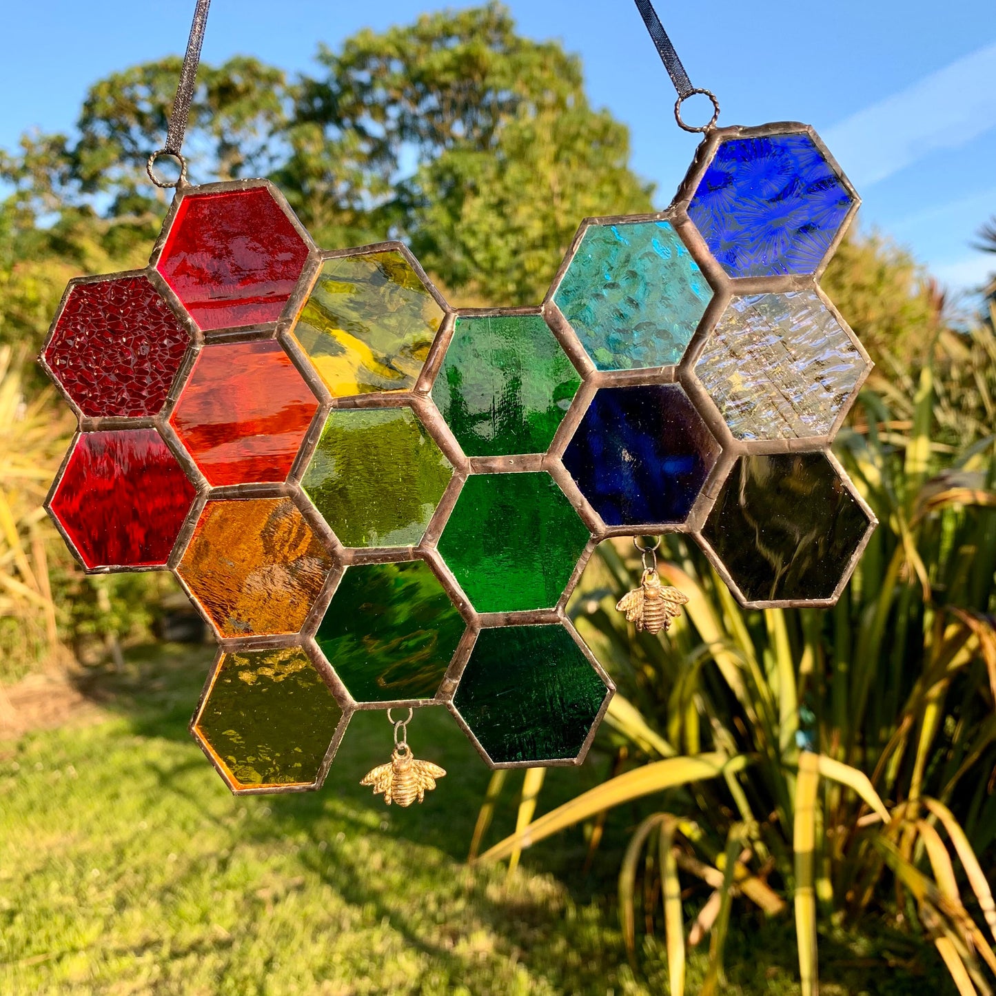 Rainbow Stained Glass Honeycomb Suncatcher with Bees