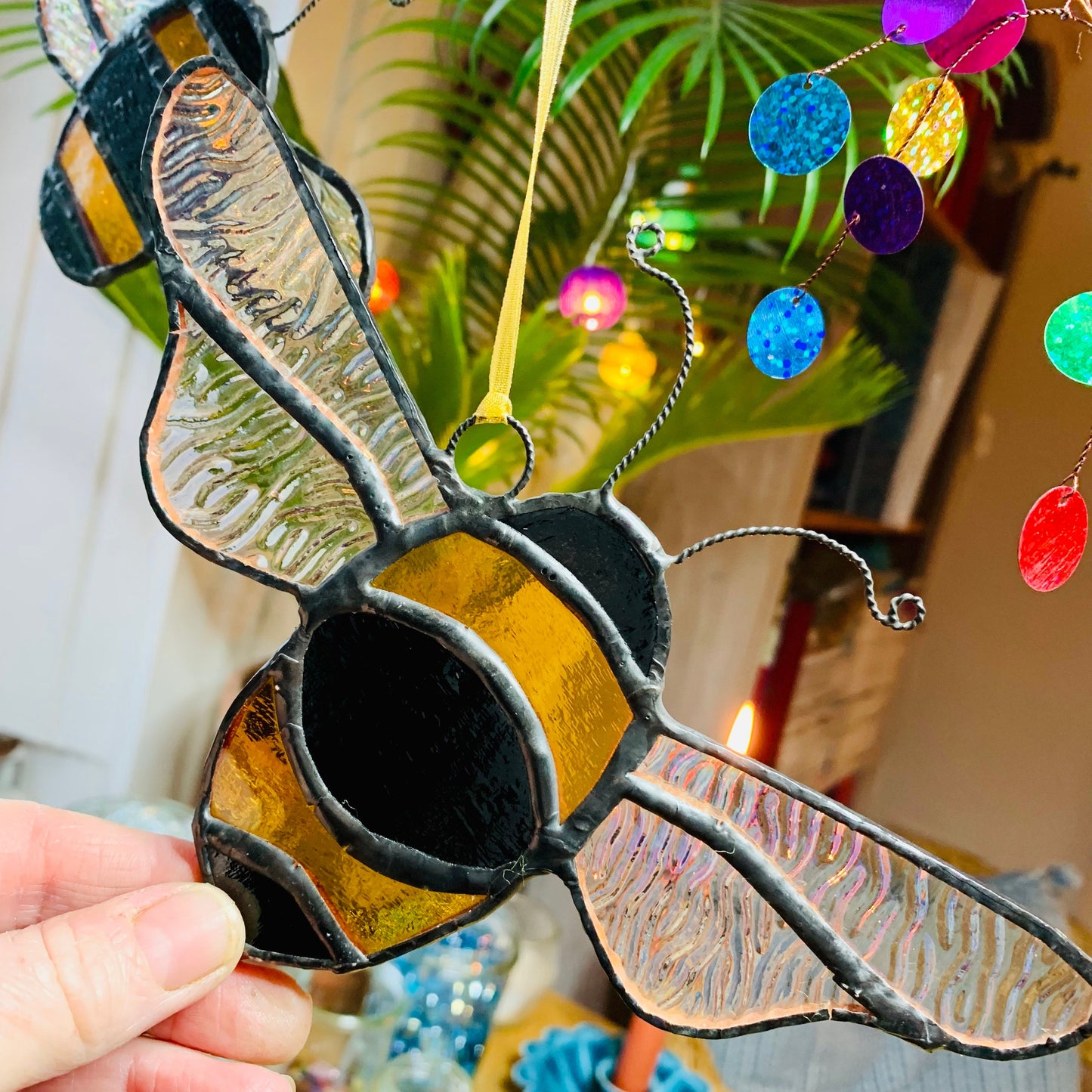 Stained Glass Bee Suncatcher, Iridescent Amber & Black