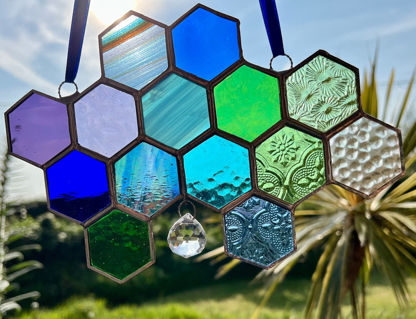 Stained Glass Honeycomb Suncatcher, Iridescent Glass Prism, Gift for Gardener