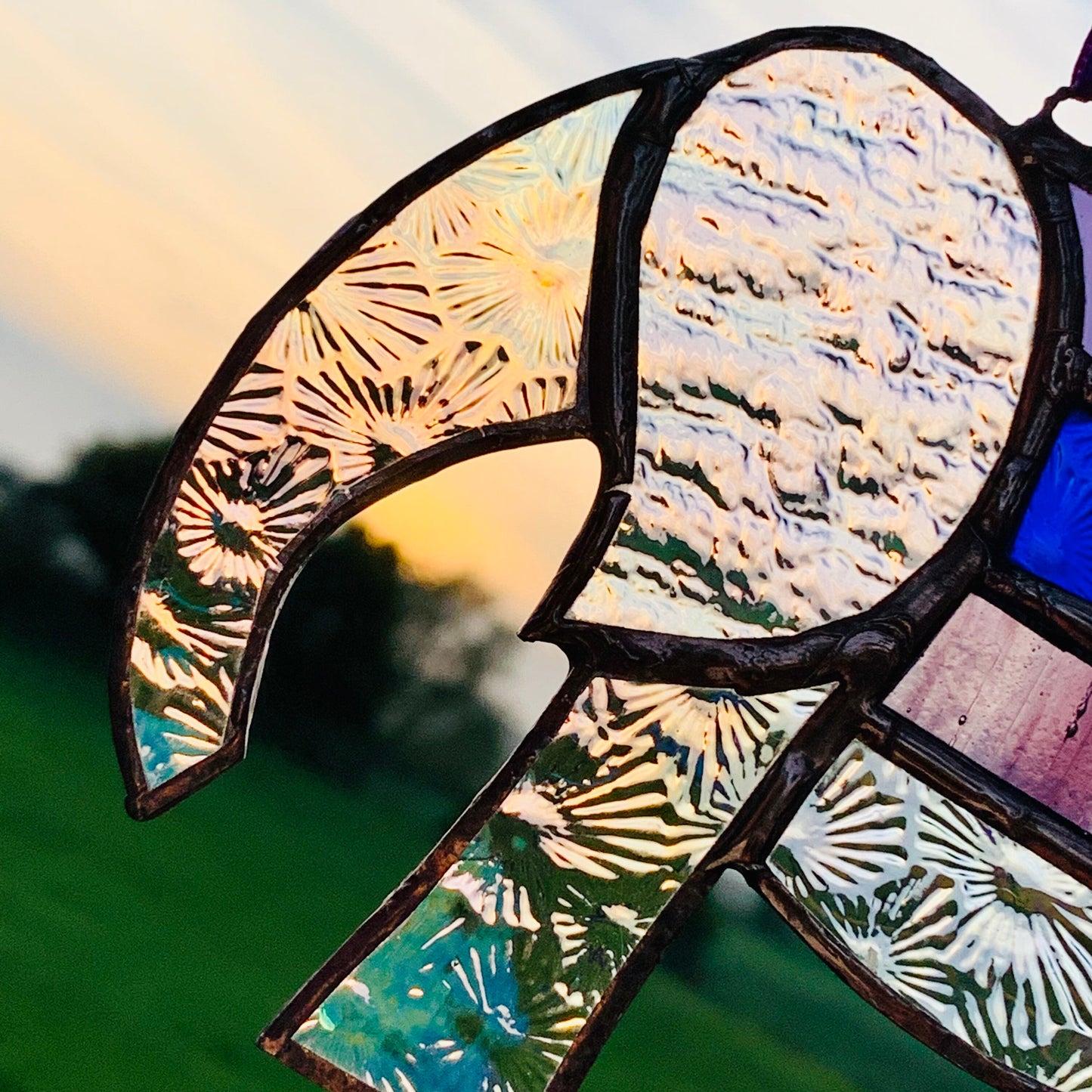Pretty Elephant Stained Glass Suncatcher in shades of purple with iridescent ..