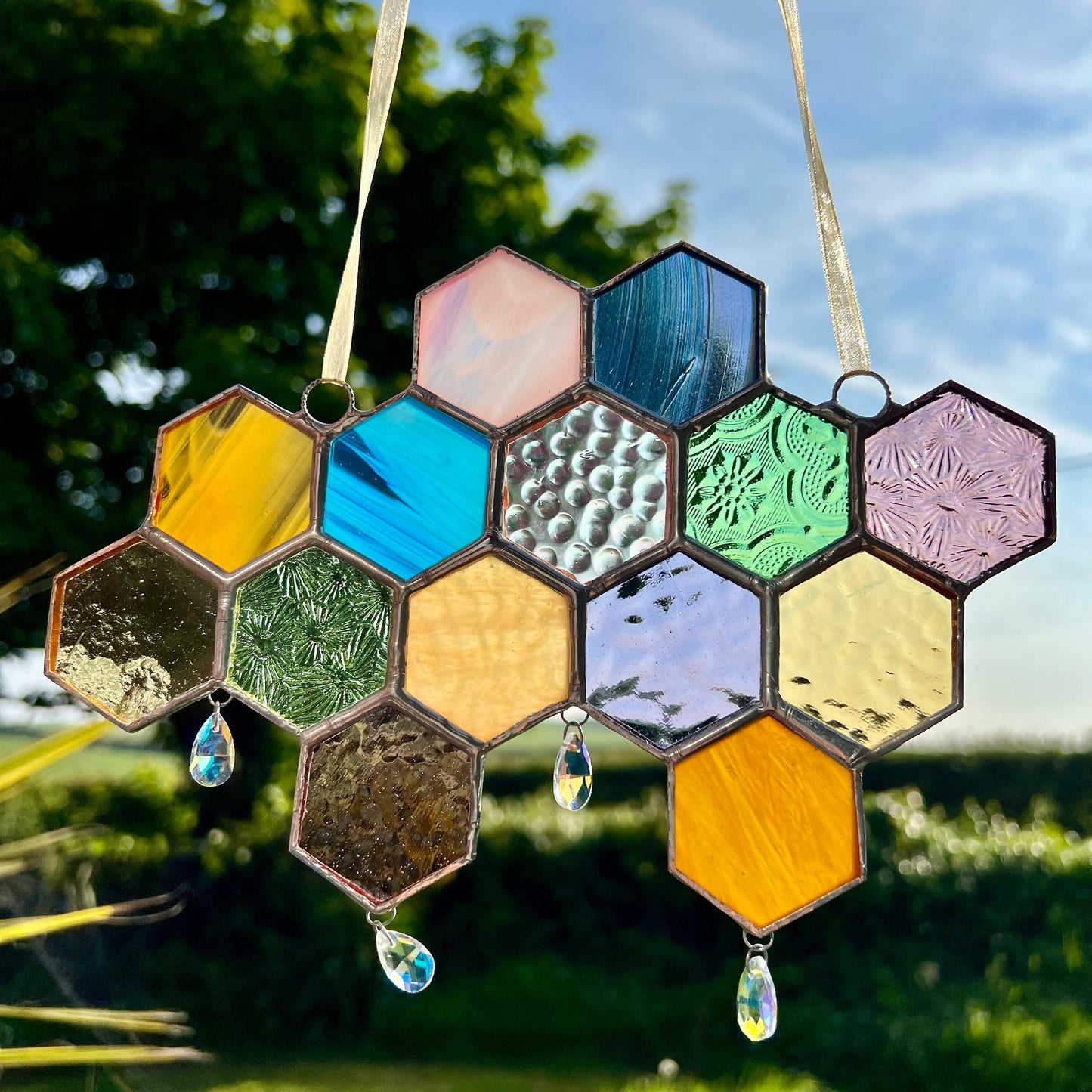 Stained Glass Honeycomb Suncatcher: Pastel Iridescent Glass Droplets