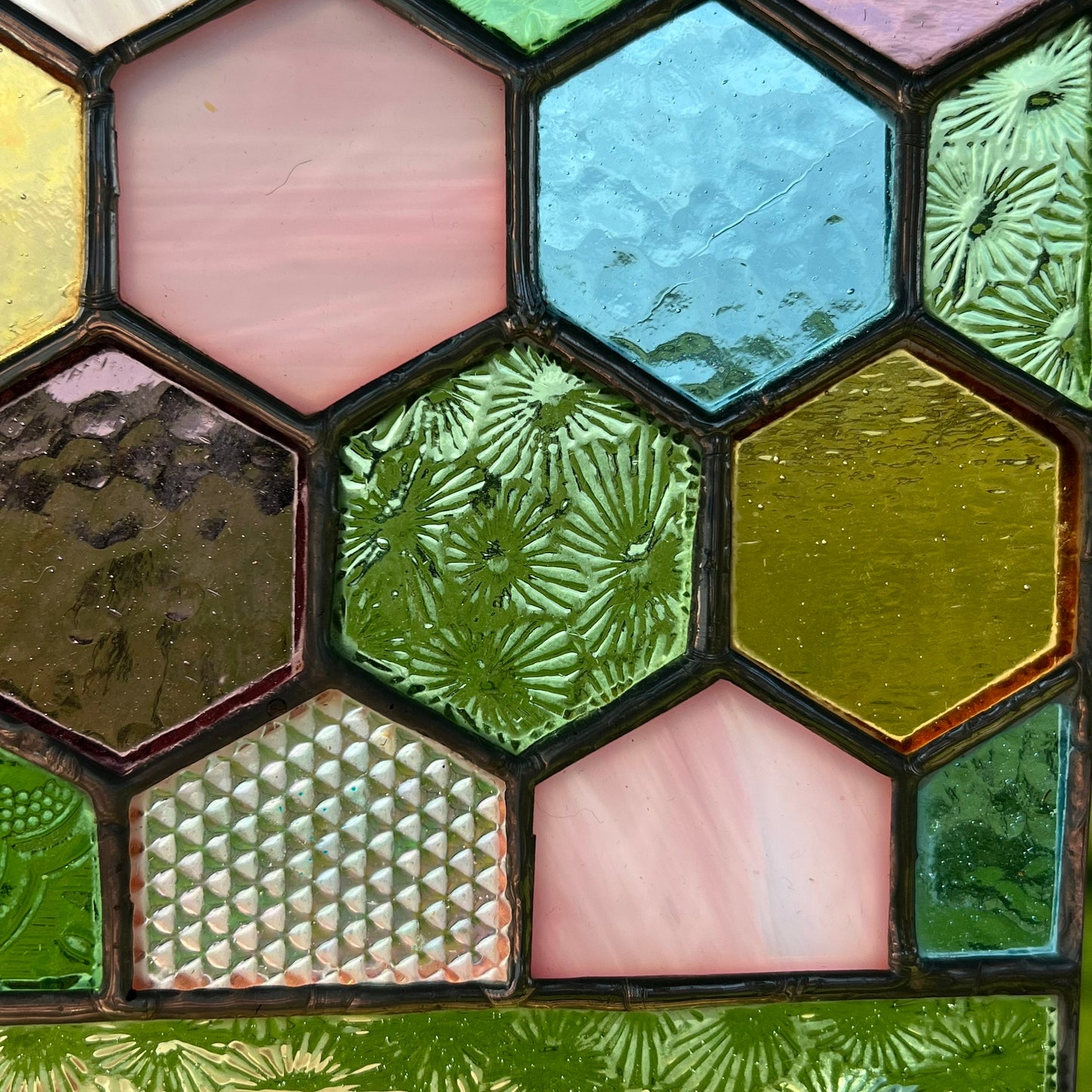 Stained Glass Honeycomb Panel in pretty Pastel Colours including vintage glass