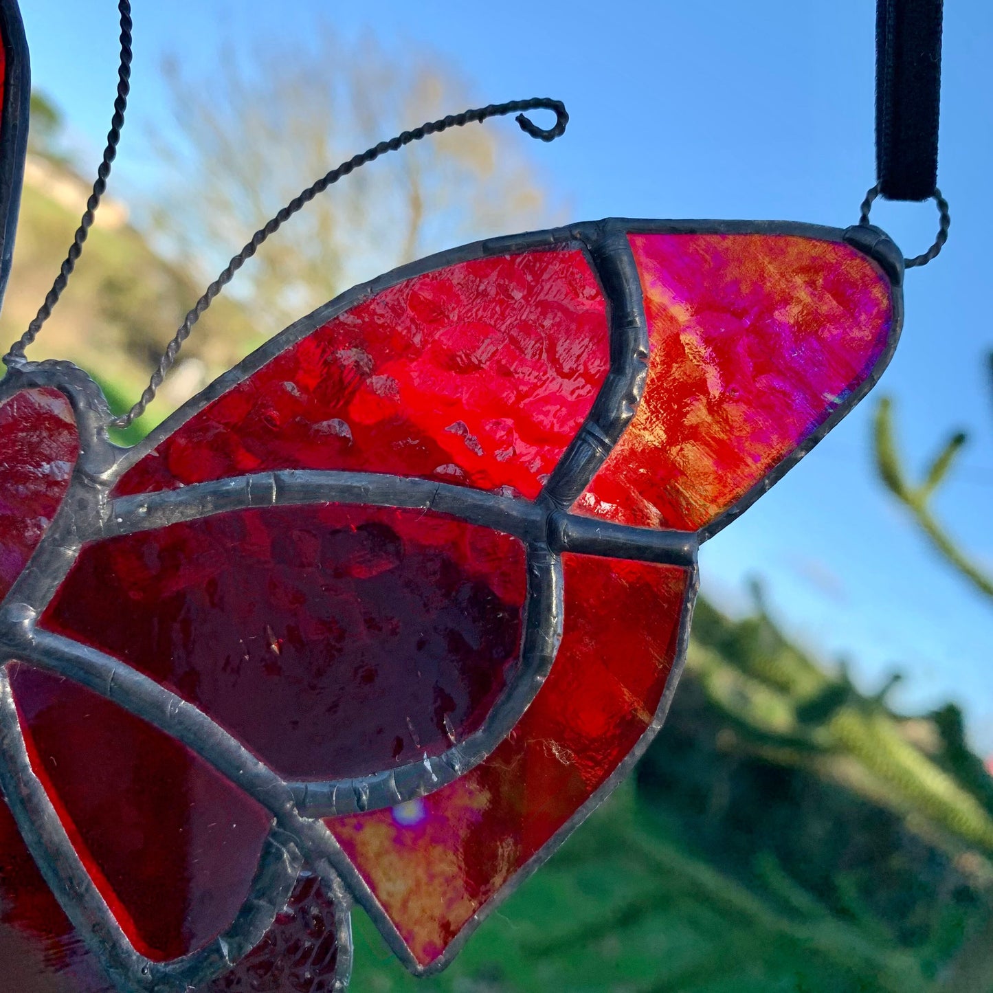 Red Stained Glass Butterfly Suncatcher, Iridescent Window Decor