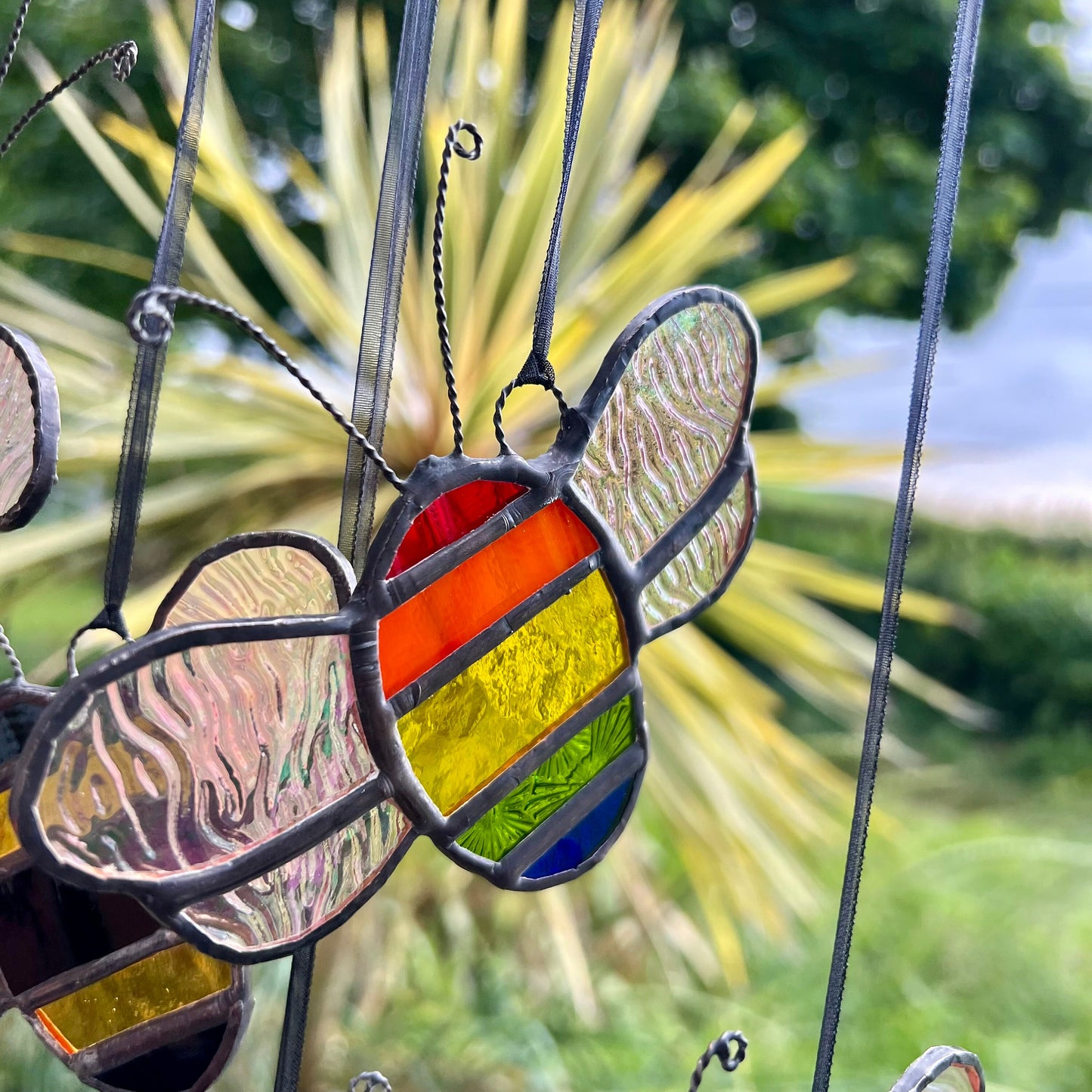 Rainbow Stained Glass Bee Suncatcher: Iridescent Window Decor