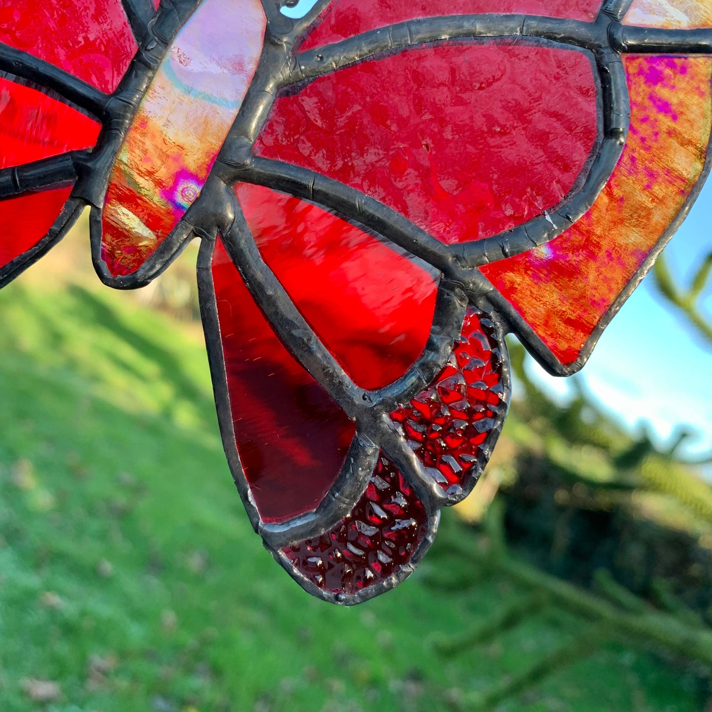 Red Stained Glass Butterfly Suncatcher, Iridescent Window Decor