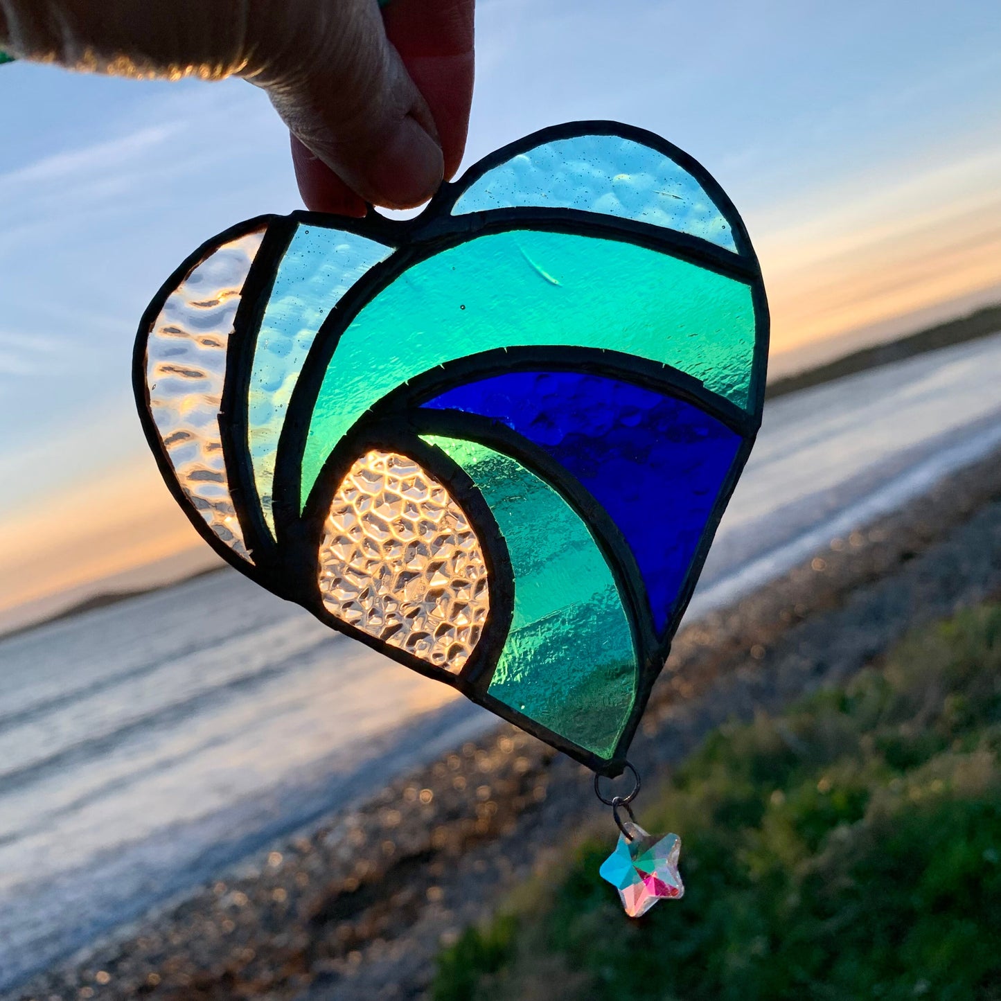 Stained Glass Heart Suncatcher: Sea Blue Wave with Iridescent Star