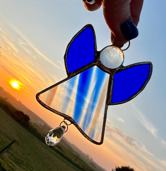 Blue Stained Glass Angel Suncatcher with Prism – Handmade Window Ornament