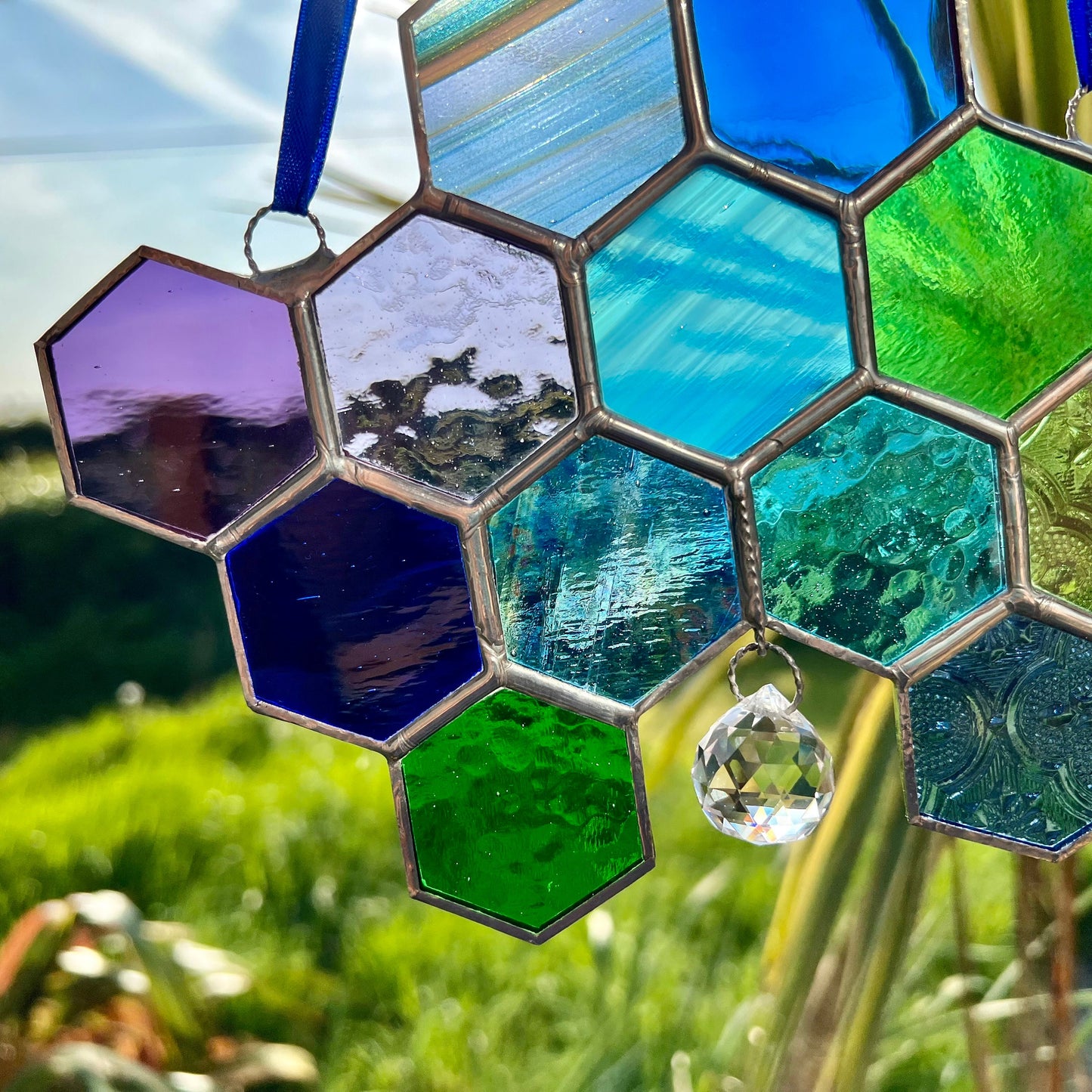 Stained Glass Honeycomb Suncatcher, Iridescent Glass Prism, Gift for Gardener